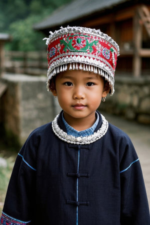 A Miao girl's festive attire, with a childlike smile reflected in silver jewelryの素材