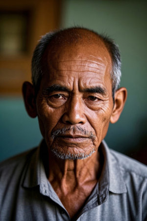 The face of an old man who has weathered many vicissitudes of life, the light of wisdom accumulated over timeの素材