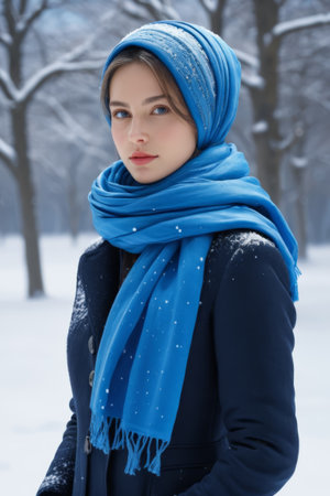 The blue is gentle in winter, the quiet girl in the snowの素材