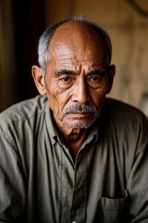 The face of a weathered old man, the light of wisdom accumulated over timeの素材