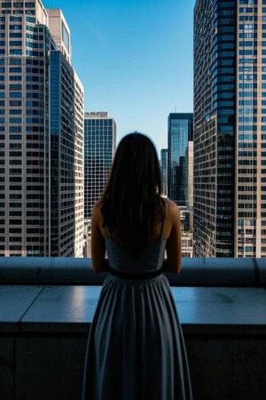 Gazing at the urban skyline, a lonely figure on the top of the cityの素材