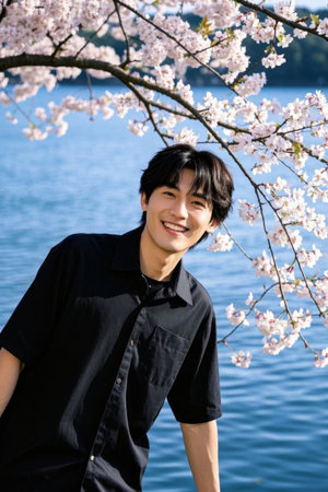 A sunny boy under the cherry trees, a smile under the warm spring sunの素材