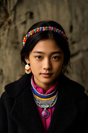 A fashionable interpretation of a folk-style girl, the beauty of the East under a colorful headdressの素材