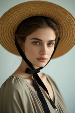 An elegant girl in a straw hat, a retro-style quiet beautyの素材