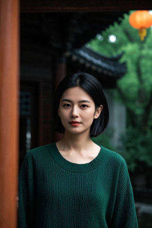 The gentle beauty of oriental women, the deep artistic conception of the courtyardの素材