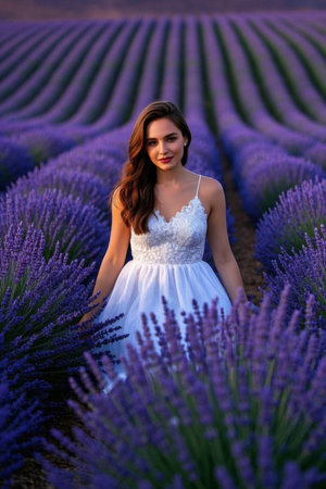 A girl in a white dress in a lavender field, a romantic trip to Provenceの素材