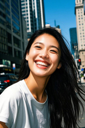 Urban beauties in the sun, their confident smiles light up the city streetsの素材
