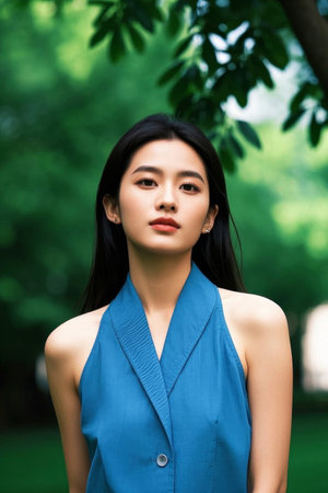 The elegance and tranquility of oriental women, the fresh beauty in the greenの素材