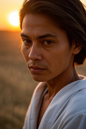 The contemplative in the setting sun, the man in the golden lightの素材