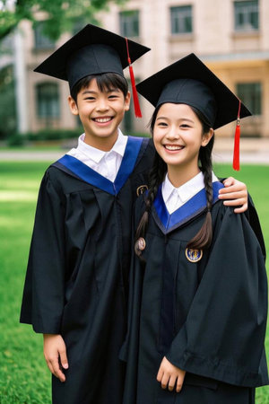 A bright smile during graduation season, a graduation photo on a green campusの素材
