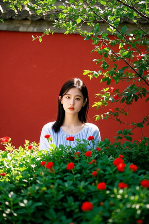 Oriental girl under red walls and green, the courtyard is deep and beautifulの素材