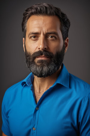 The deep gaze of a mature man, a portrait of a confident manの素材