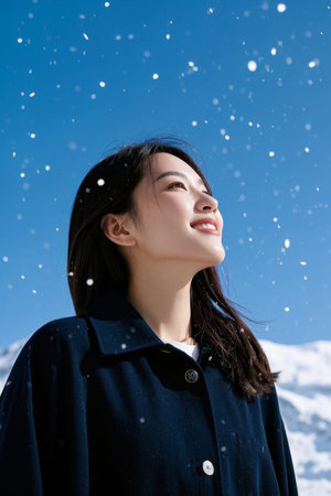 Smiling girl looking up in the snow, fresh girl under the warm winter sunの素材