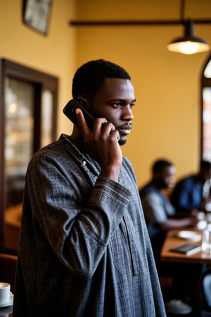 Business men who focus on talking on the phone, business negotiations in cafesの素材