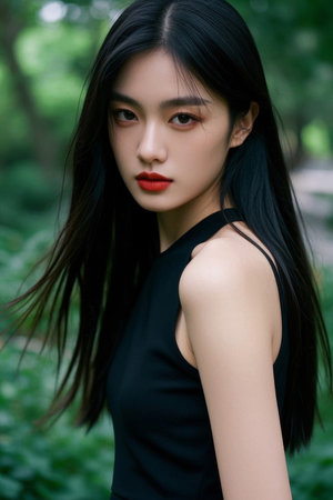 The elegant gaze of an oriental beauty, the fashionable collision of red lips and black hairの素材