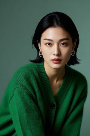 The intellectual beauty of oriental women, a fashionable interpretation of green knitwearの素材