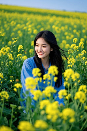 Smiling girl in the rapeseed field, fresh figure in the golden sea of flowersの素材