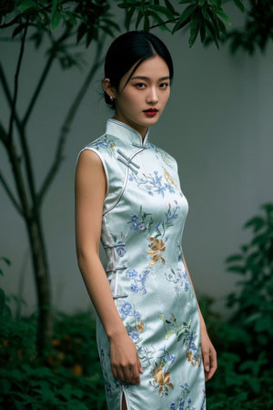 The cheongsam beauties are in a quiet courtyard, and the oriental charm of the beauties isの素材