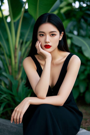 The elegant tranquility of a red-lipped woman, a fashionable interpretation of an oriental beautyの素材