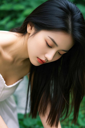 The quiet time of the oriental beauty, the gentle gaze of the black-haired beautyの素材