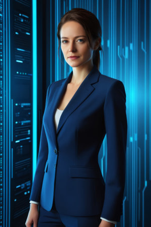Women in the workplace in the context of technology, the AI industry elite in blue suitsの素材