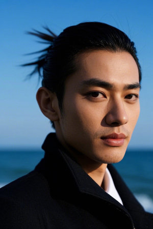 Oriental man in the sea breeze, the deep gaze of a handsome manの素材