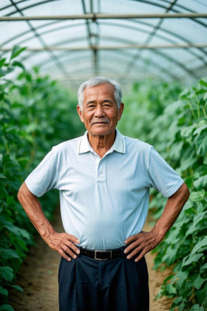 The happy life of an old farmer in the countryside, the hope of a good harvest in the greenhouseの素材