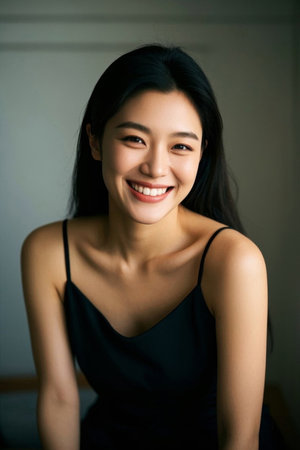 Confident and elegant oriental woman, fresh and natural smile momentの素材