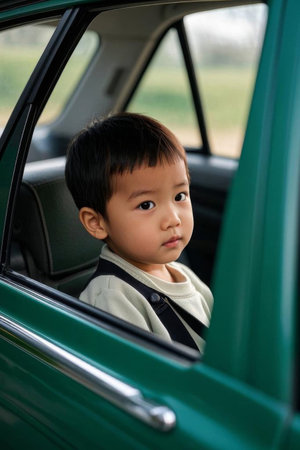 Curious baby in the window, a journey between retro cars and cute kidsの素材