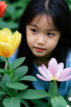 Gaze among the flowers, girl and spring flower languageの素材