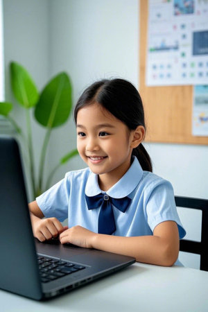 Happy learning Chinese girl, Asian student in online classroomの素材