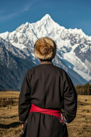 The herders at the foot of the snow-capped mountains, the men looking out at the snow-capped mountains in the distanceの素材