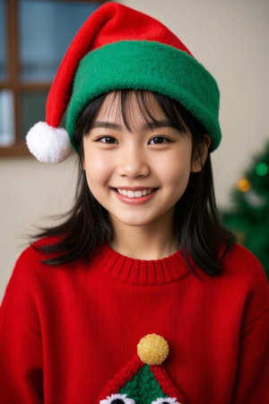 The sweet smile of Christmas girls, cute girls in the holiday atmosphereの素材