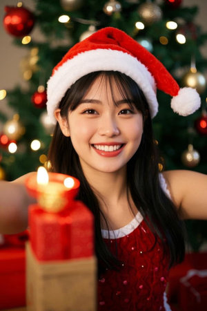 Christmas sweet girl's holiday wishes, Christmas warm smile and candlelightの素材