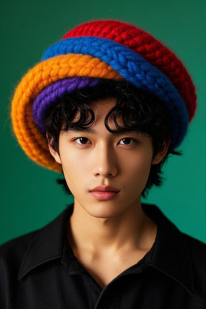 Stylish boy with colorful knitted hats, youthful energy of vintage knitted hatsの素材