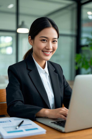 The confident demeanor of a beauty in the workplace, an elegant woman who focuses on her workの素材