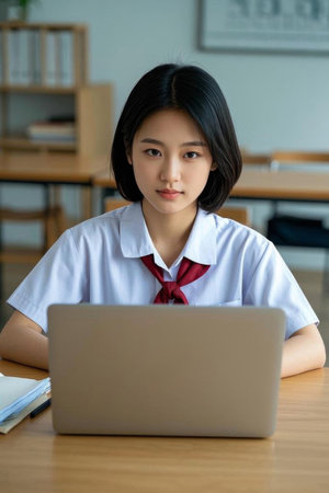 A focused figure on a youth campus, a female student in front of a laptopの素材