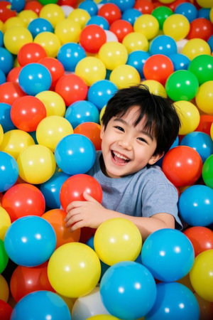 Happy childhood, play to your heart's content, smiling faces in the colorful oceanの素材