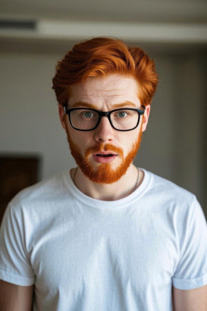 Surprised portrait of a red-haired man, puzzled expression of a red-haired youthの素材