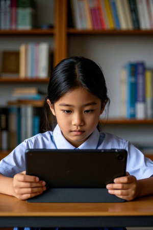 A girl focused on learning, a world of knowledge on a tabletの素材