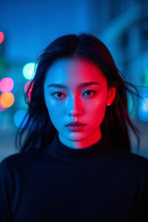 The oriental beauty in neon light and shadow, the mysterious face interwoven with red and blueの素材