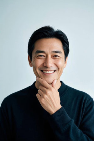 The confident smile of a mature man, the charming demeanor of an Asian manの素材