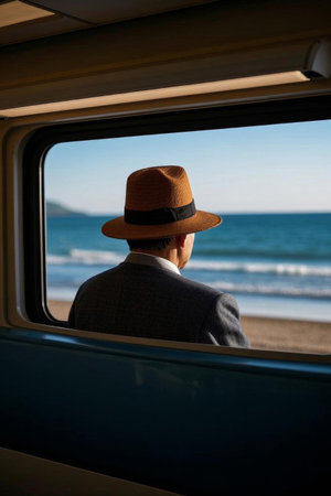 Travelers on the seaside train, chasing the sea breezeの素材