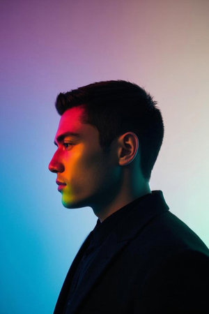 A side face in neon light and shadow, a handsome man in a colorful haloの素材