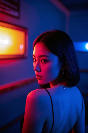 The side face under the neon light and shadow, the confusing night color of red and blueの素材