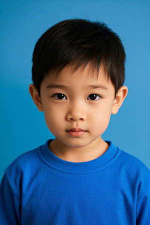 Innocent little Asian boy, cute boy with focused eyesの素材