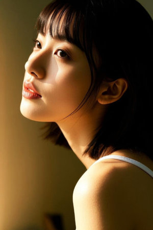 A fresh girl in the sun, the beauty of light and shadow staring sidewaysの素材