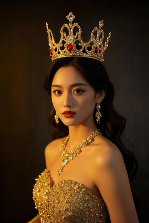 The magnificent coronation of the brilliant queen, the peerless beauty in golden light and shadowの素材