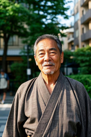 The years of the old man in kimono are peaceful, and he is an oriental elder with traditional Japanese charmの素材