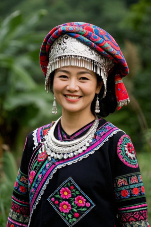 The Miao people's smiles in full costume and the ethnic customs shining with silver jewelryの素材